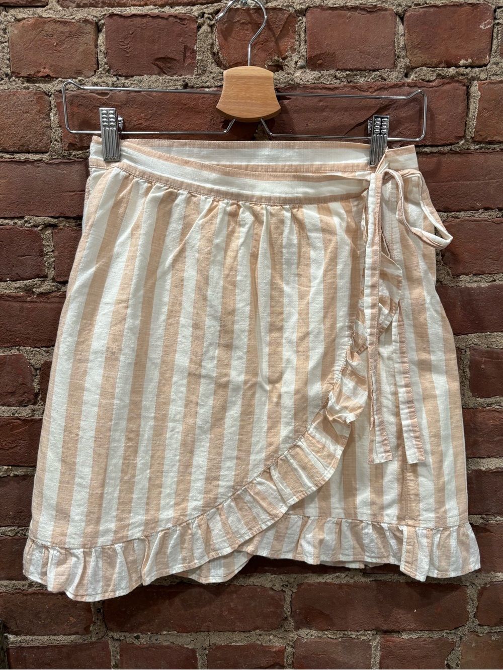 J. Crew Beige and White Striped Cotton Wrap Mini Skirt with Ruffle Trim - 00